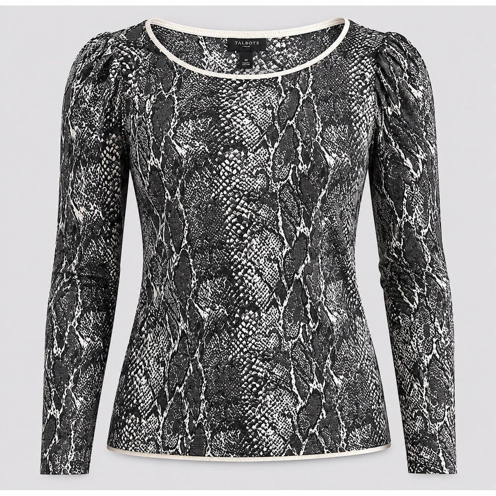 Talbots Petite Gray Snakeskin Print 100% Merino Wool‎ Crew Neck Sweater MP